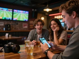 Engaging sports betting moment with cloud-africa app on smartphone amid friends enjoying the game.