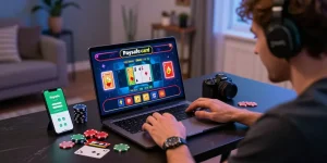 Spieler, der an einem Paysafe Card Casino auf dem Laptop teilnimmt, mit bunten Casino-Grafiken und Spielelementen, die eine lebendige Atmosphäre schaffen.