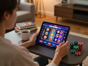 Play exciting slot games on O8's app from a cozy living room setup.