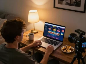 Engaging in ALO8's online casino gameplay from a cozy home setup, showcasing a strategic poker session.