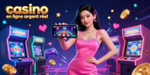 Découvrez le frisson du casino en ligne argent réel avec des jeux dynamiques présentés dans une illustration 3D vibrante.
