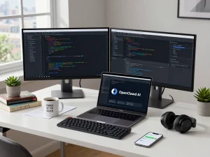 OpenClawd AI setup in a stylish modern workspace with dual monitors and coding software.
