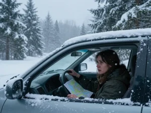 Woman driving through a blizzard in Dead of Winter, revealing her anxious expression amidst snowy landscapes.