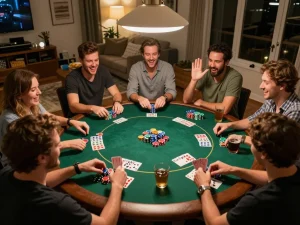 Friends enjoying a fun poker night at O8, immersed in strategy with colorful chips and cards.