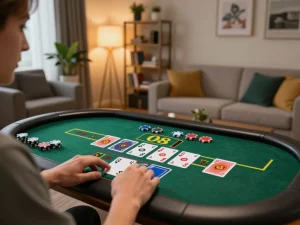 Experience exciting O8 live casino action on a tablet in a cozy home setting with warm lighting
