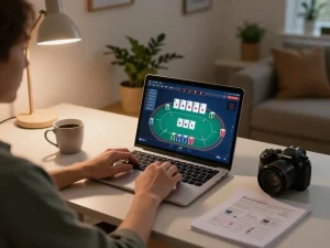 MAX79 player analyzing betting strategies while engaging in an online poker game in a cozy home office