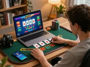 Engaging in strategic online blackjack with mm88 on a laptop, smartphone nearby.