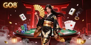 Engage with the GO8 casino experience, featuring an elegant Asian woman amidst a vibrant poker-themed illustration.