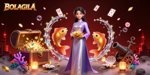 BOLAGILA offers thrilling lottery action with an elegant Asian woman, golden koi fish, and dynamic game elements.