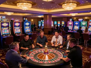 Exciting gameplay on LLwin's roulette table surrounded by eager players in upscale casino