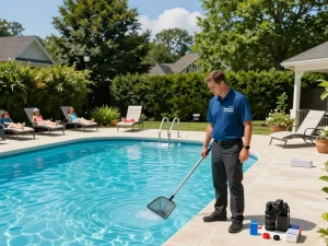 Dolphin Pool Services: Certified operator maintaining a beautiful family pool in Virginia.