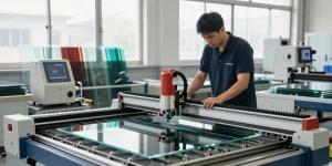 Glass cutting table in action with technician cutting precision glass sheets in a bright workshop.