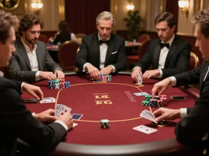Hitclub players competing in a high-stakes poker game at an upscale casino.