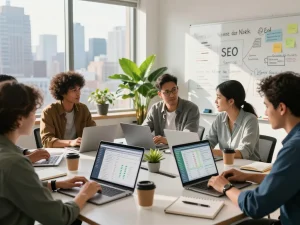 Collaborative team strategizing New York SEO Services in a vibrant office setting.