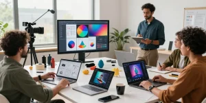Content creators collaborating on AI-generated videos with Seedance 2.0 in a dynamic studio environment.