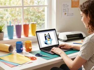 Craft enthusiast designing svg bundle tumbler files in a vibrant workspace.