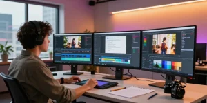 Creative professional generating ai video prompts in a modern editing studio with vibrant screens and urban backdrop.