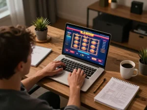 Player enjoying LLWIN online games on a laptop with vibrant casino graphics during a cozy home office session.