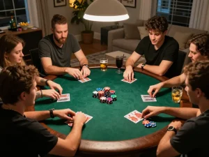 B52club players eagerly engaging in a friendly poker game night with colorful chips and cards