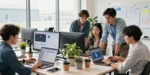 facebook ad agency accounts collaboration scene in a modern workspace