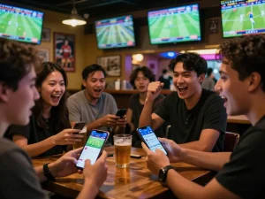Xoilac users engaging enthusiastically in sports betting at a lively bar with multiple screens.