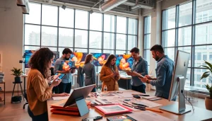 Collaboration among graphic designers at https://bestdesignersintheworld.com/ studio with colorful designs.