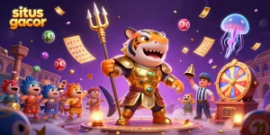 Experience the excitement of situs gacor with a playful 3D illustration of a shark gladiator.