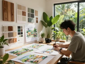 Creative interior design workspace showcasing nature-integrated concepts for resort decoration, incorporating natural materials and inspiring light.