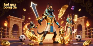 Experience ket qua bong da with a dynamic illustration featuring Anubis, Bastet, and sports betting elements.