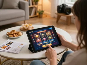 Playing slots not on Gamstop on a tablet in a cozy home environment, revealing vibrant game graphics and a strategic setup.