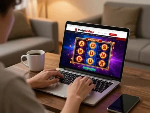 Playing slots on pintu888top casino website from a cozy home setup with warm lighting