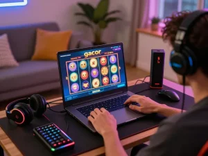 Engaging in slot gacor gameplay on a sleek laptop, vibrant online gaming setup.