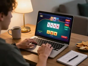 Player engaging on Nhà cái Jun88 site with poker interface from home setup, showcasing strategic online gaming