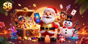 S8 showcases a vibrant 3D scene featuring Santa in casino gear holding jackpot slots, with festive accessories and game elements.