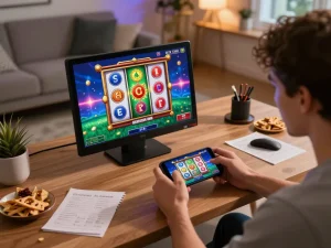 Player enjoying a winning spin on alo8 slot game while examining strategy notes at home.