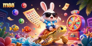 m88 captures the excitement of online gambling with colorful characters and dynamic lottery elements in a vibrant scene.