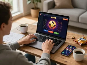 Person enjoying ALO8 online casino gaming on laptop with strategy notes and snacks.
