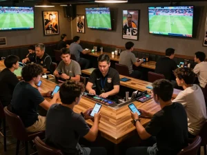 Engaged sports bettors analyzing kèo nhà cái in a lively bar during match day.
