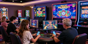 Scène engageante de casino en ligne argent réel avec des joueurs divers profitant de jeux vibrants et célébrant des gains dans une salle de jeu moderne.