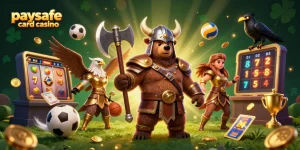 Erleben Sie den Nervenkitzel eines Paysafe Card Casinos mit einem Wikingerbären, einem Valkyrie-Adler und lebendigen Spielelementen, die vor Energie sprühen.