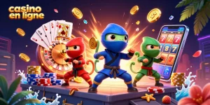 Vivez l'excitation du casino en ligne avec des caméléons ninja dans une scène de jeu vibrante.