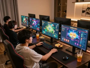 Gamer enjoying multiple games on kpk100 platform in a cozy online gaming setup