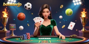Boost your game with boosterjp at this vibrant poker scene showcasing exciting casino elements.