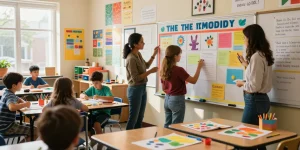Engaging classroom scene showcasing a Poster Maker For Schools, with students actively designing colorful posters.