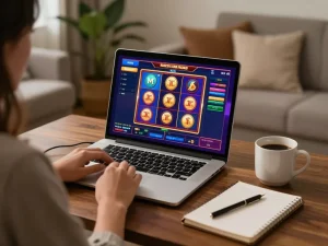 O8 user enjoying an online casino game on a laptop with vibrant visuals in a cozy home setting