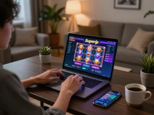 A person engages with superjp slot gameplay on their laptop in a cozy home setting, illustrating online gambling excitement.
