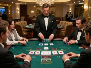 alo8 players excitedly gathering at a blackjack table in a luxurious casino atmosphere, showcasing high-stakes gameplay.