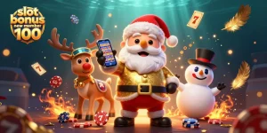 Join the fun with slot bonus new member 100 in this vibrant casino scene featuring Santa and friends.