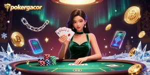 Engaging poker scene with a beautiful Asian woman playing, surrounded by crypto elements on pokergacor.