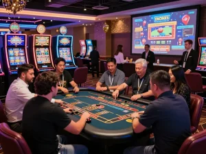 Dynamic online casino scene with MM88 players enjoying various games in a vibrant atmosphere.